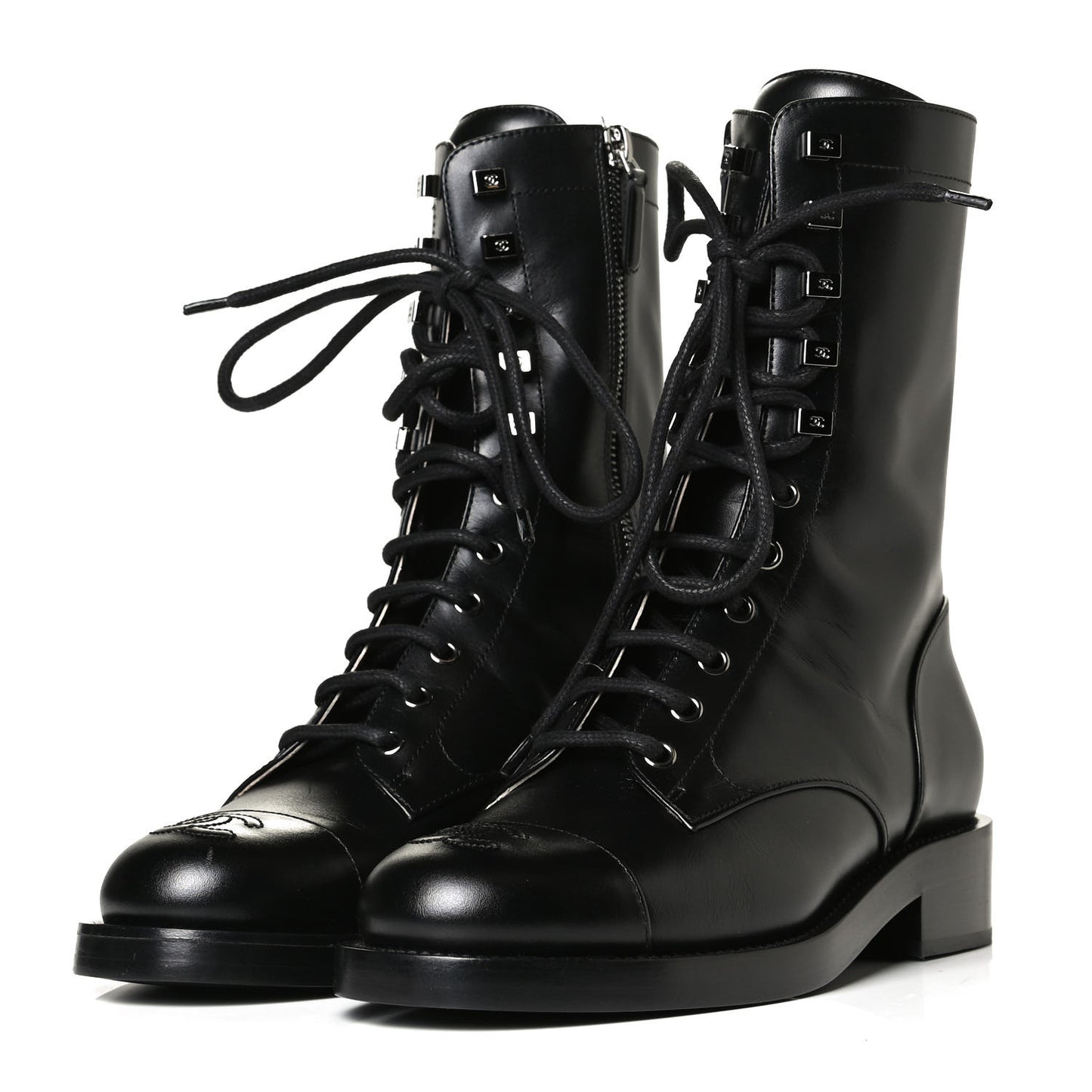 Calfskin Lace Up Combat Boots 37 Black