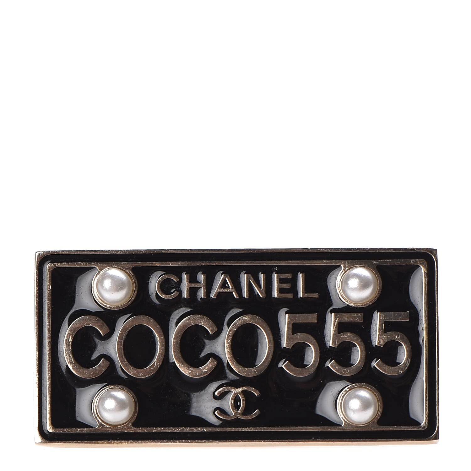 Chanel Metal Resin Pearl Coco License Plate Brooch Black Gold 1 of 4