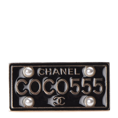 Chanel Metal Resin Pearl Coco License Plate Brooch Black Gold 1 of 4