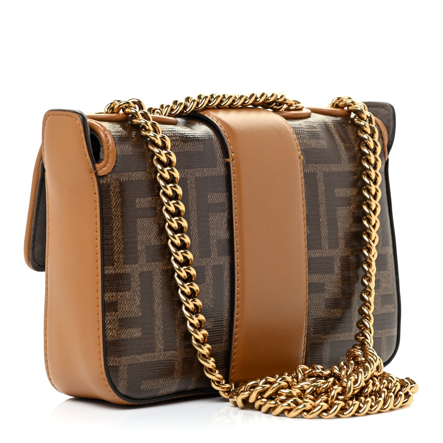 Fendi Glazed Fabric Vitello Century FF 1974 Stamp Patch Mini Double F Crossbody Bag Mogano Panna Caramello 3 of 12