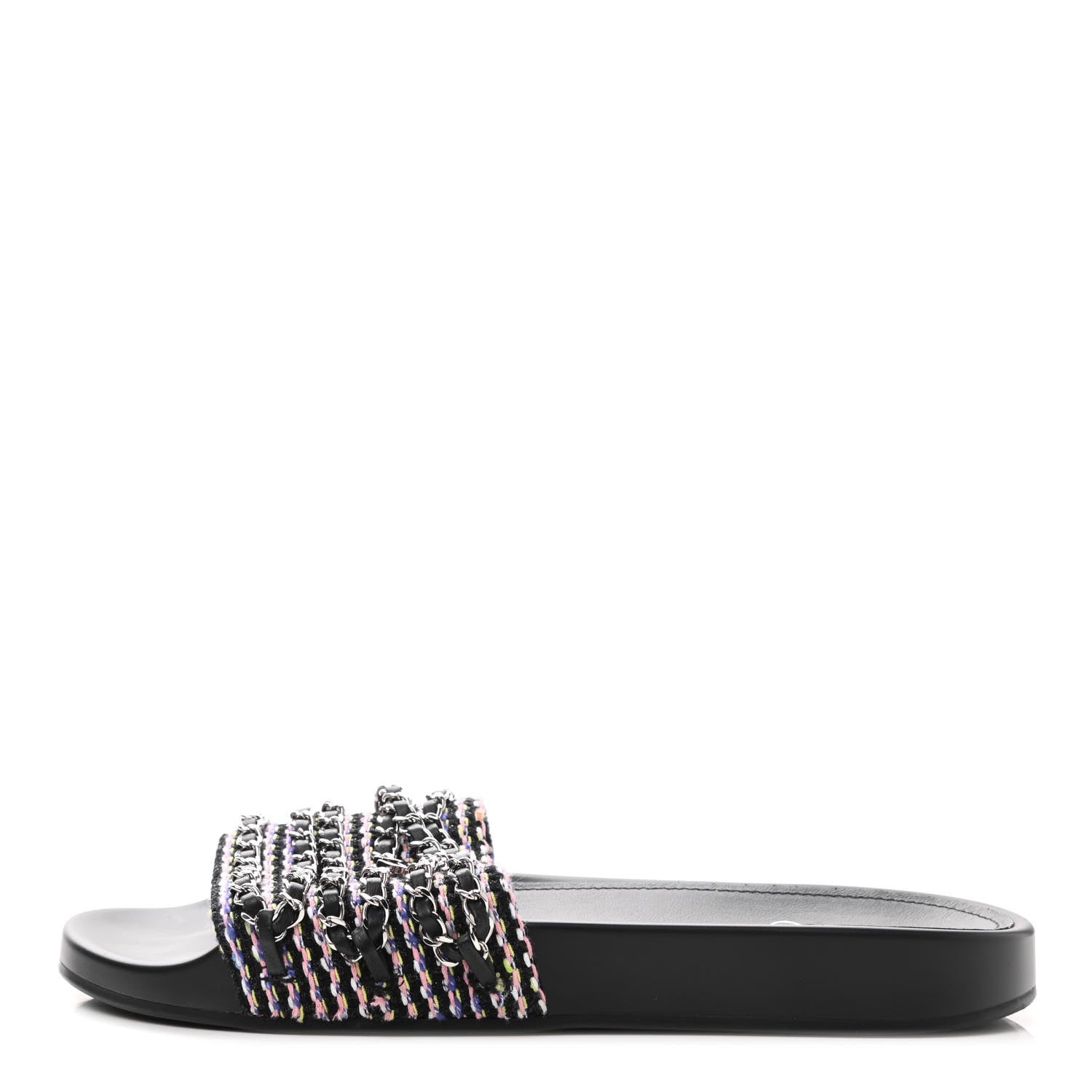 Chanel Tweed Lambskin Chain Flat Sandals 41 Black Multicolor 1 of 8