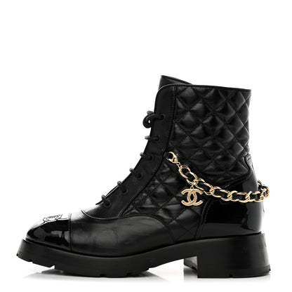 Chanel Shiny Calfskin Patent Quilted Chain Lace Up Combat Boots 40.5 Black 1 of 8