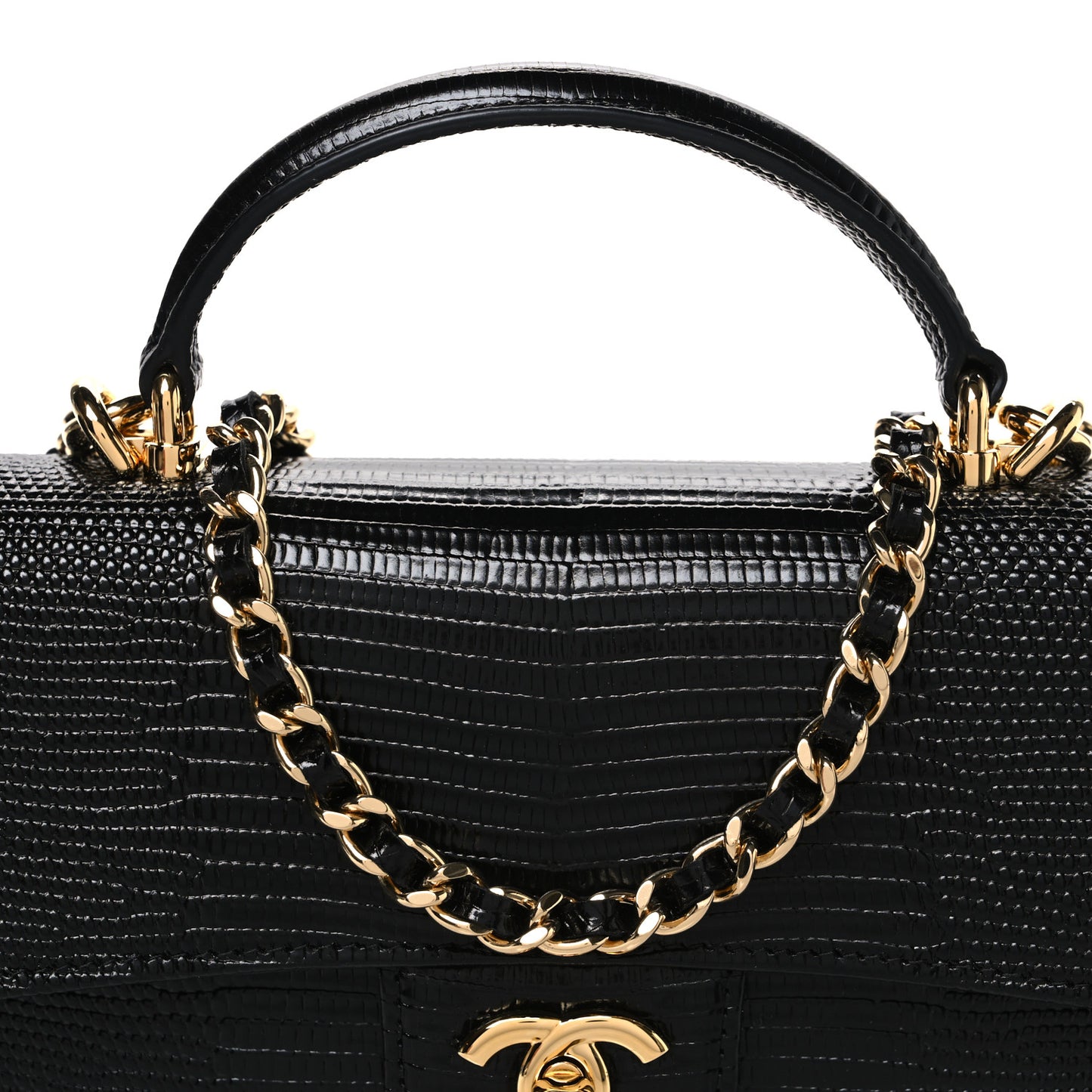 Calfskin Lizard Embossed Top Handle Long Clutch With Chain Black