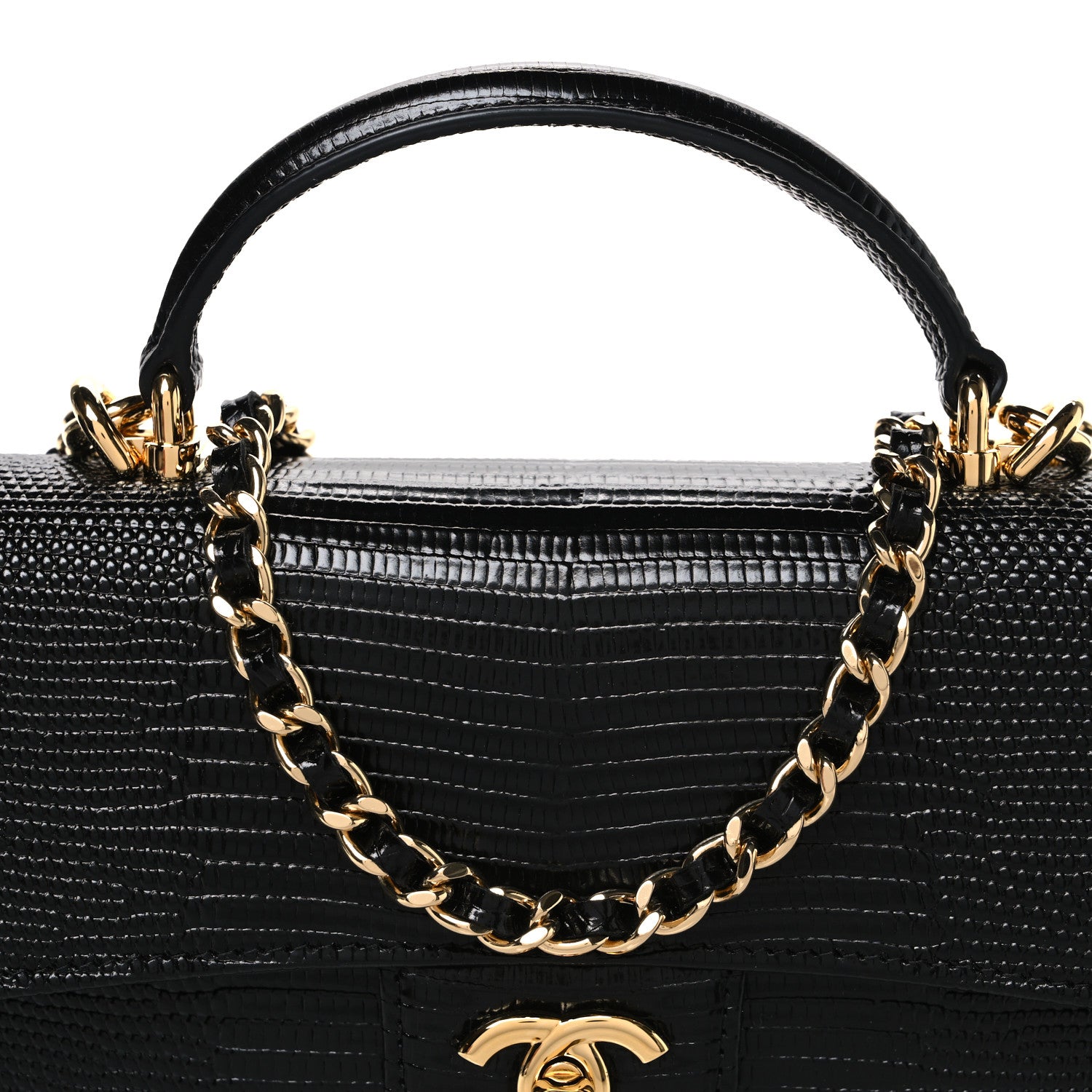 Chanel Calfskin Lizard Embossed Top Handle Long Clutch With Chain Black 9 of 12