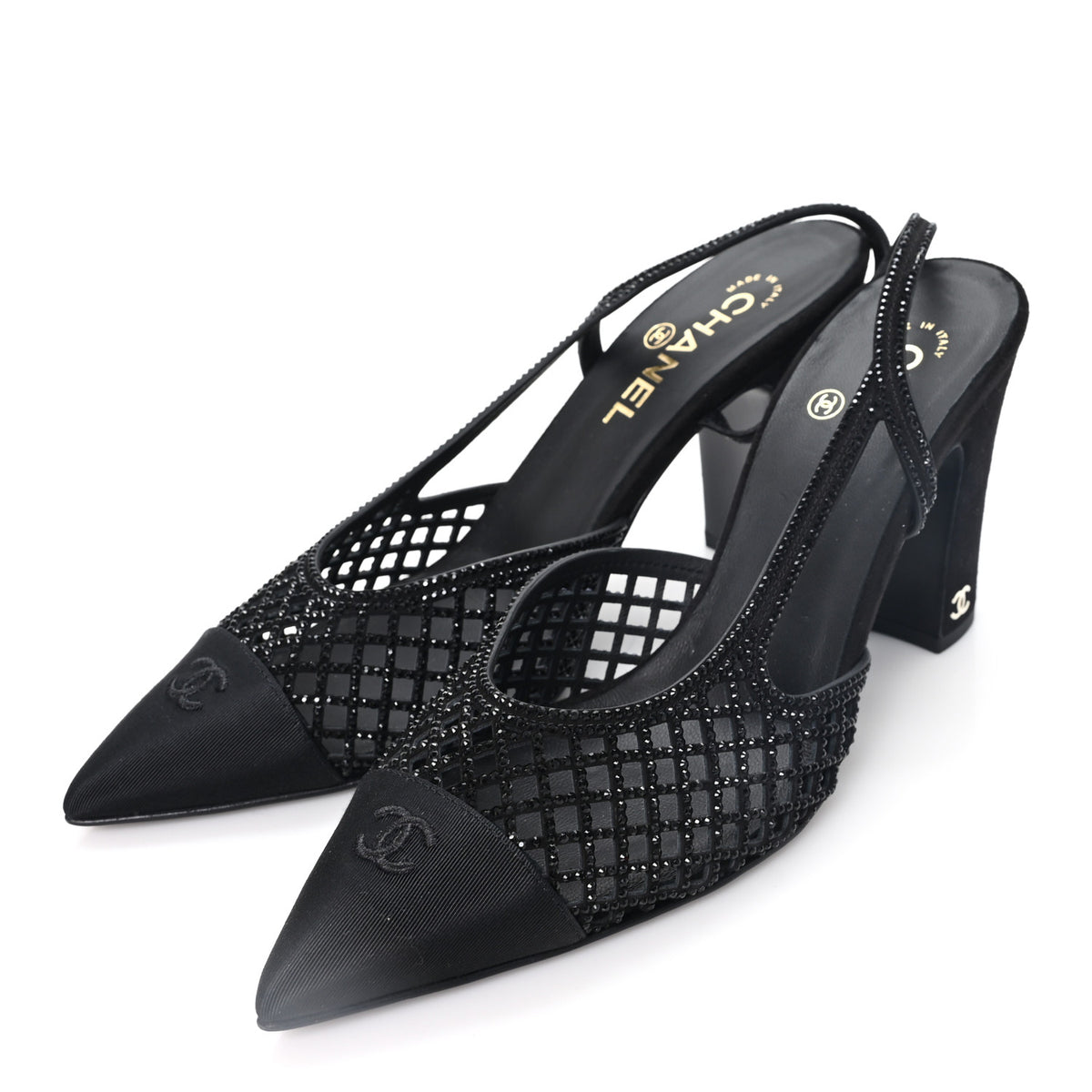 Chanel Suede Strass Grosgrain Cap Toe CC Slingback Pumps 39 Black 4 of 10