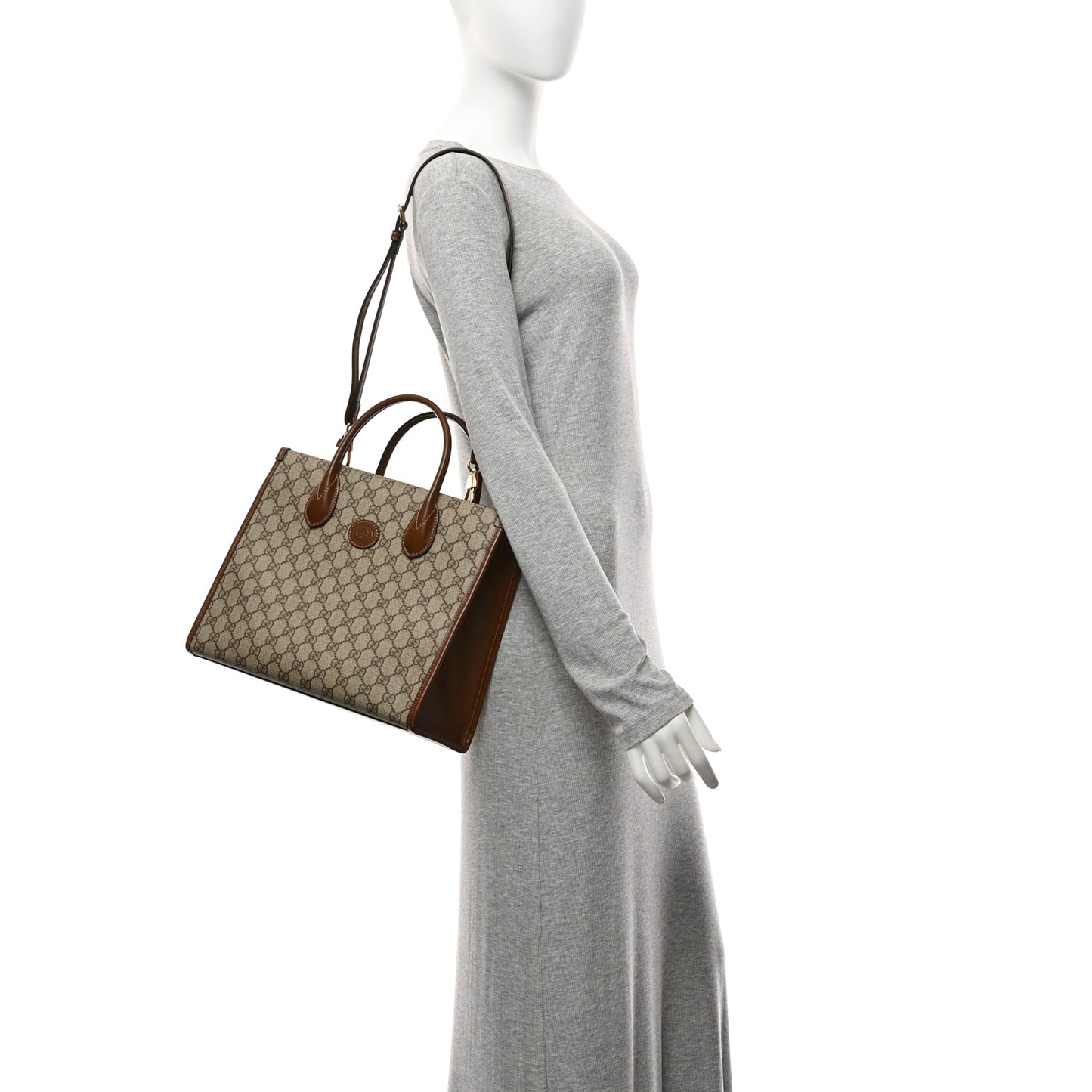GG Supreme Monogram Azalea Calfskin Small Retro Interlocking G Tote Bag Beige Ebony Brown Sugar