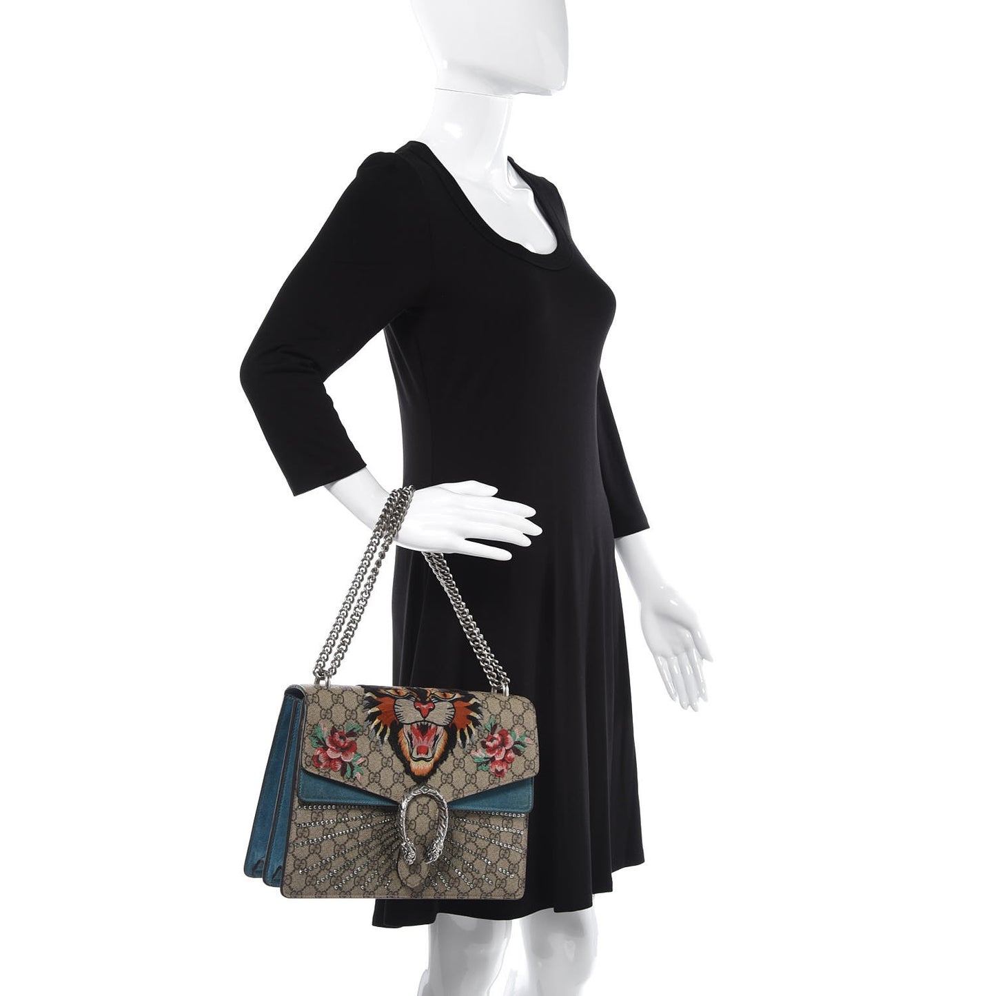 GG Supreme Monogram Angry Cat Embroidered Medium Dionysus Shoulder Bag Beige Ultramarine