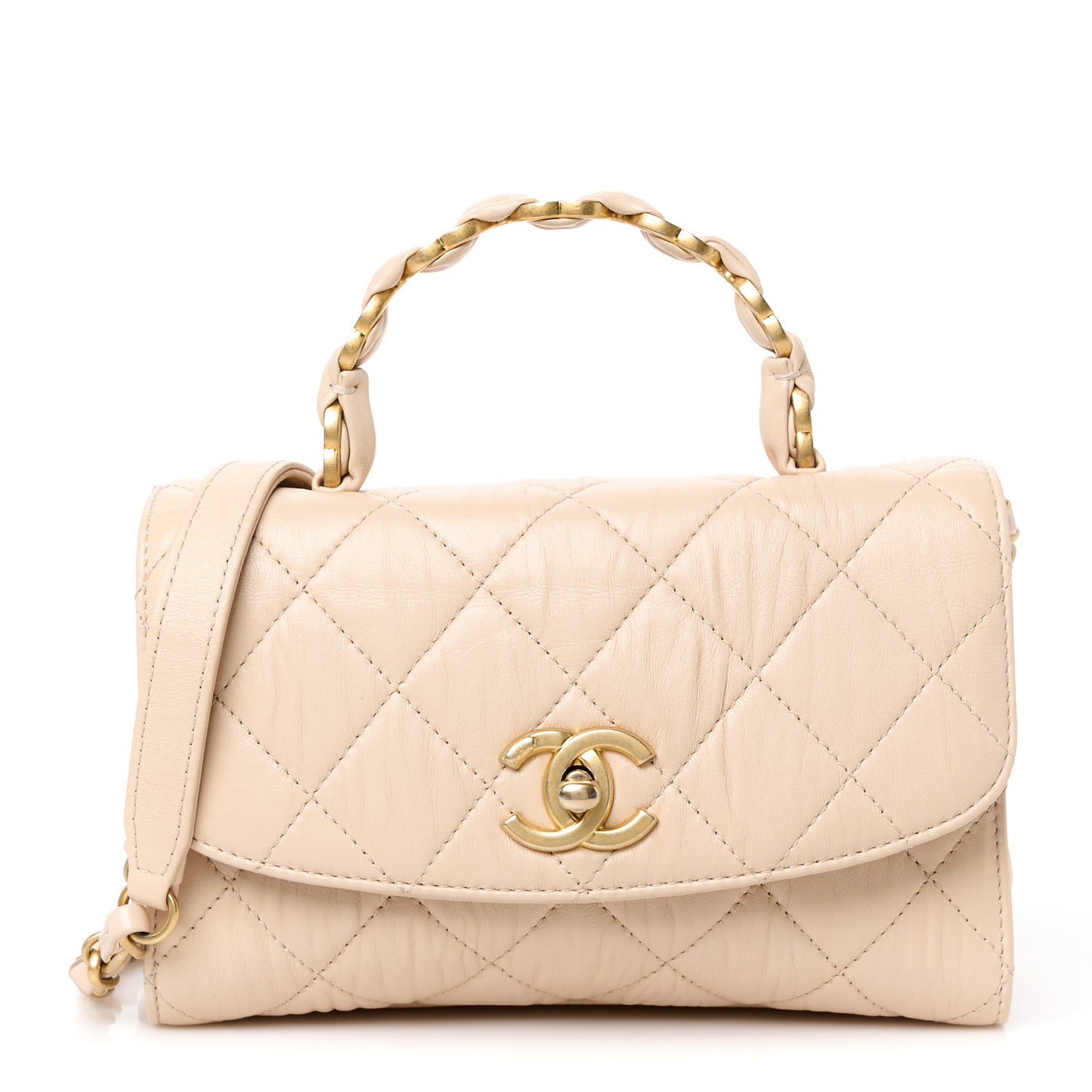Crumpled Lambskin Quilted Mini CC Links Top Handle Flap Beige
