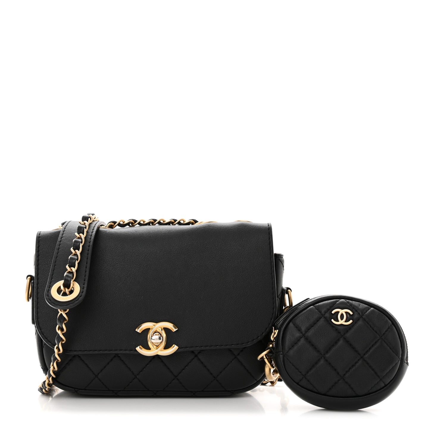 Calfskin Quilted Multi Pouching Flap And Coin Purse Black