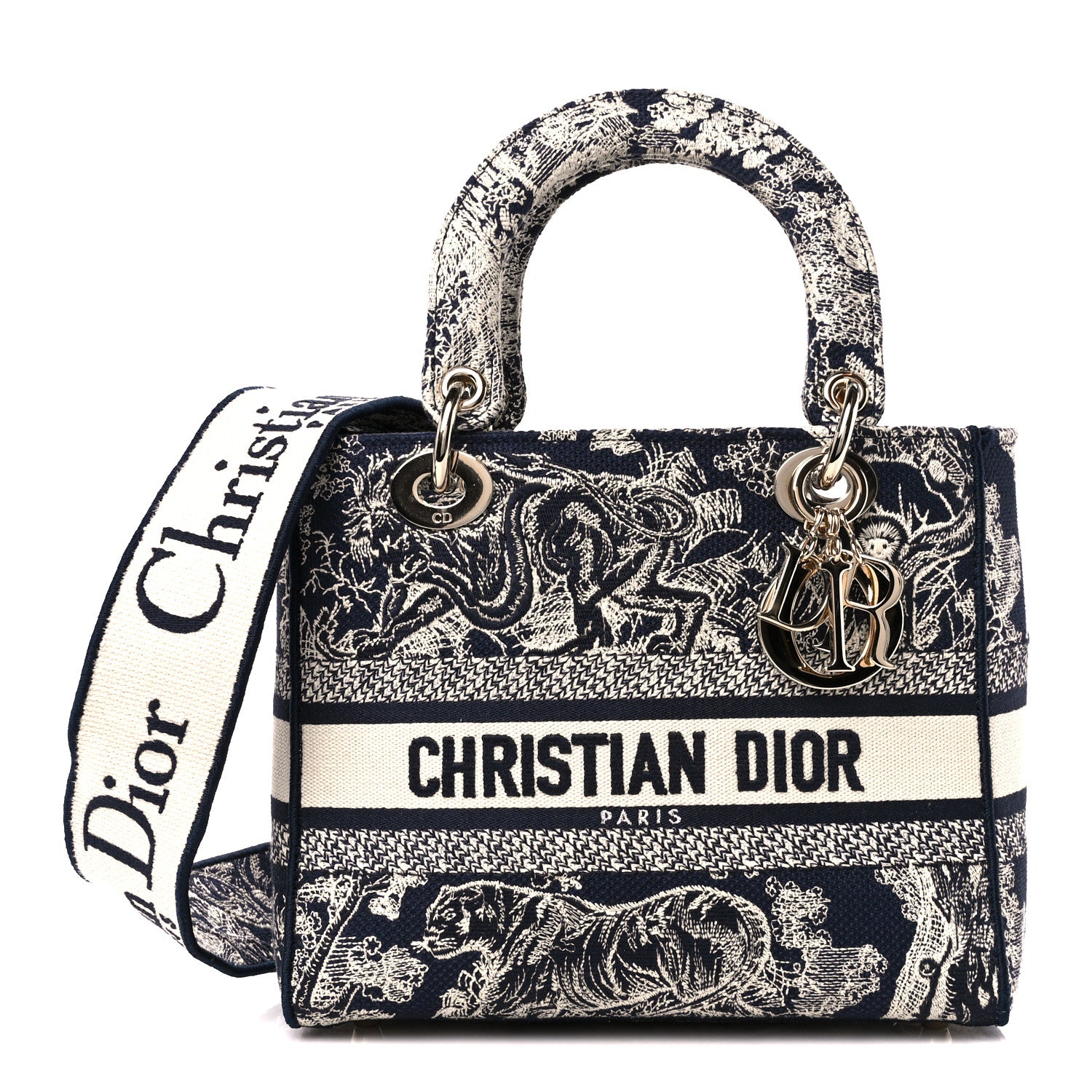 Christian Dior Canvas Toile De Jouy Reverse Embroidered Medium Lady D-Lite Navy 1 of 9