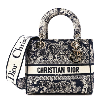 Christian Dior Canvas Toile De Jouy Reverse Embroidered Medium Lady D-Lite Navy 1 of 9