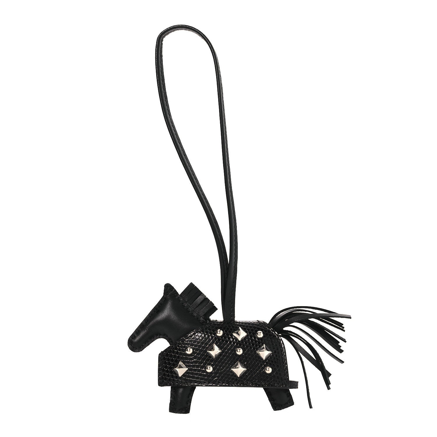 Hermes Milo Lambskin Niloticus Lizard Touch Studded Grigri Rodeo Robeo Rock Horse Bag Charm PM Black 1 of 5