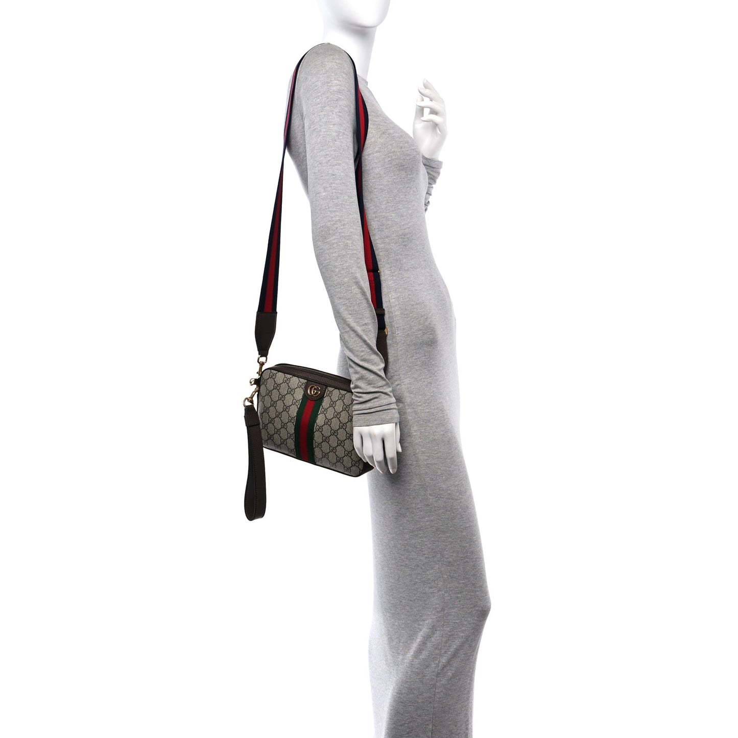GG Supreme Monogram Textured Dollar Calfskin Web Ophidia Wristlet Shoulder Bag Beige Ebony New Acero