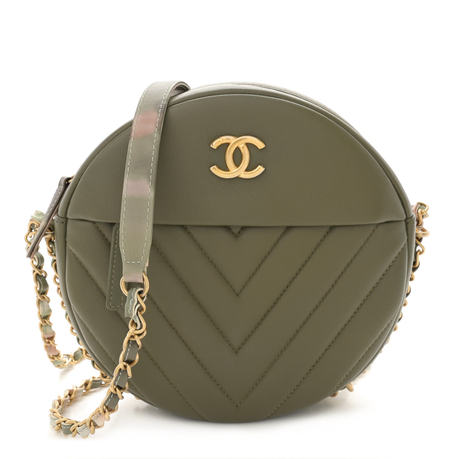Chanel Lambskin Chevron Quilted Round Evening Bag Green 1 of 10