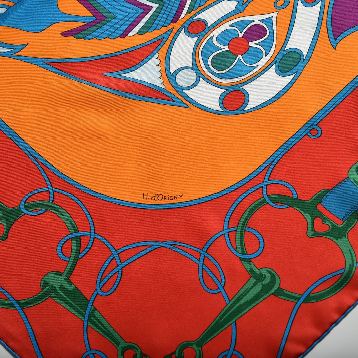 Silk Folklore Scarf 140 Orange Rouge Cobalt