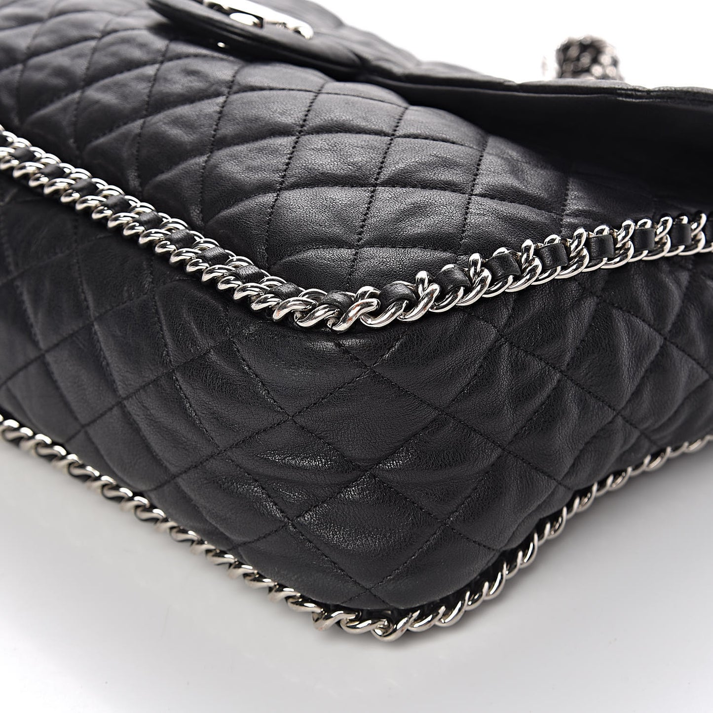 Washed Lambskin Quilted Maxi Chain Around Flap Black