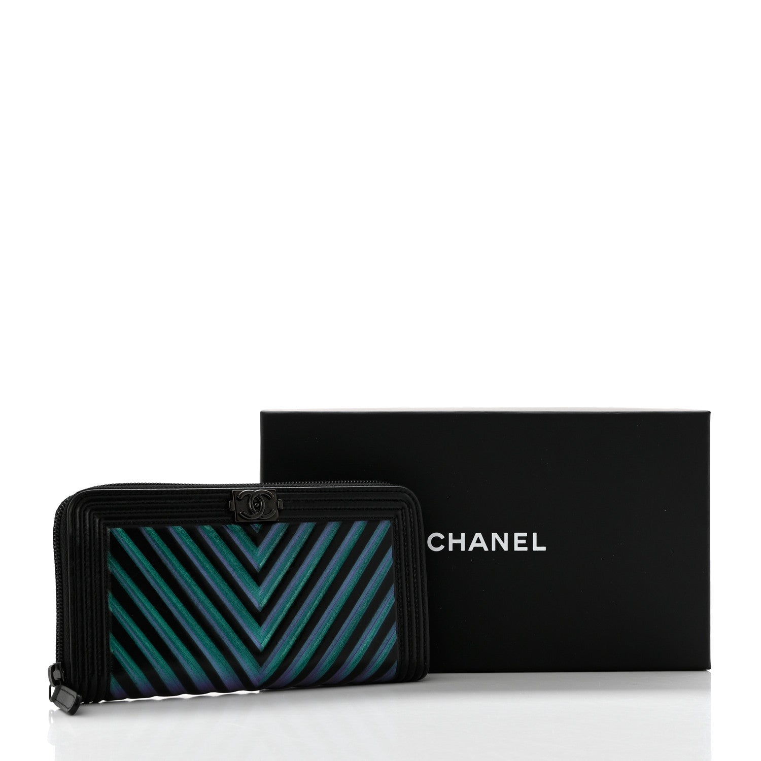 Chanel Calfskin Painted Chevron Embossed Large Boy Zip Wallet Black 9 of 9