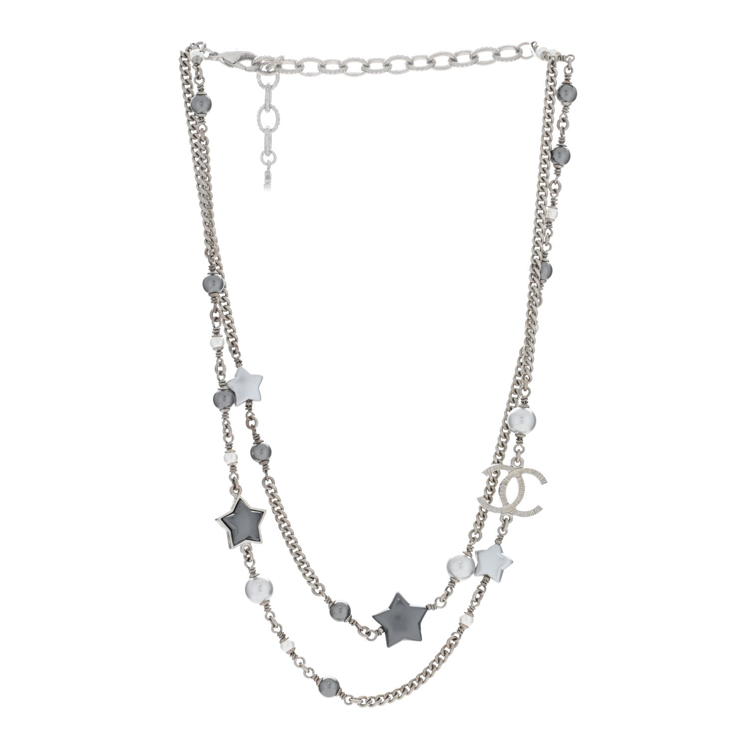 Chanel Resin Pearl Star CC Necklace Grey Silver 3 of 4