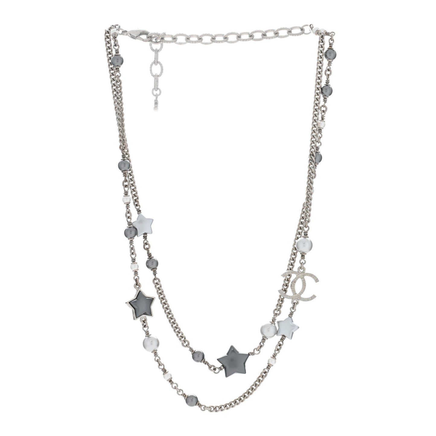 Resin Pearl Star CC Necklace Grey Silver