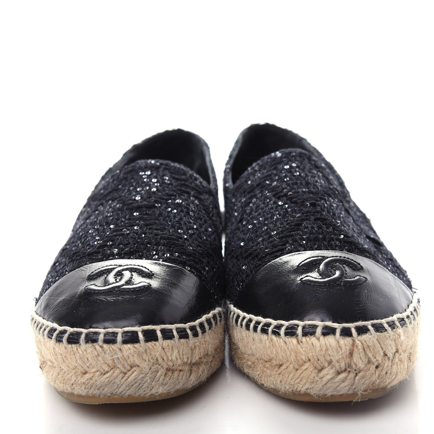 Tweed Patent Goatskin Sequin CC Espadrilles 38 Black