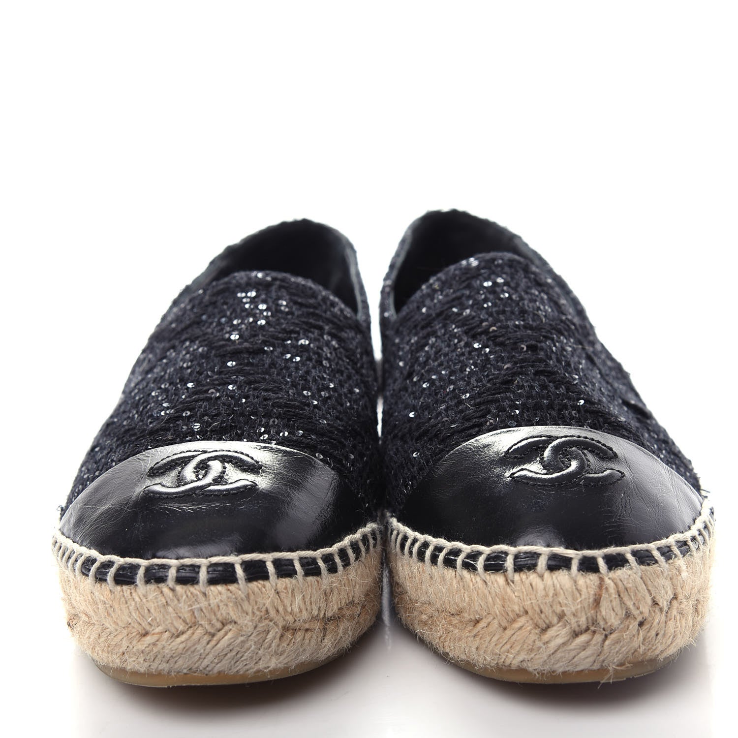 Chanel Tweed Patent Goatskin Sequin CC Espadrilles 38 Black 5 of 11