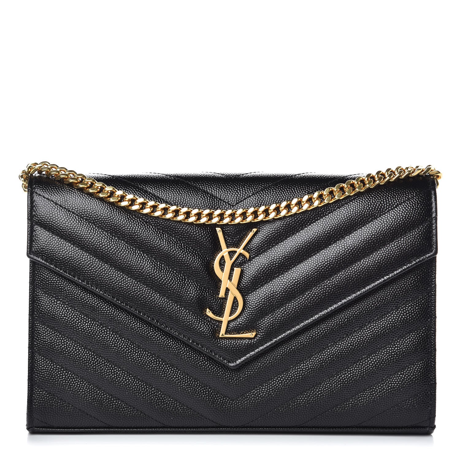 Saint Laurent Grain De Poudre Matelasse Chevron Monogram Chain Wallet Black 1 of 8