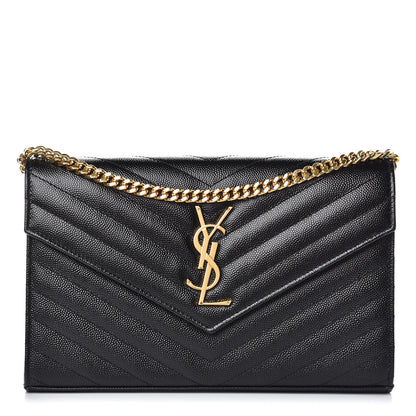 Saint Laurent Grain De Poudre Matelasse Chevron Monogram Chain Wallet Black 1 of 8