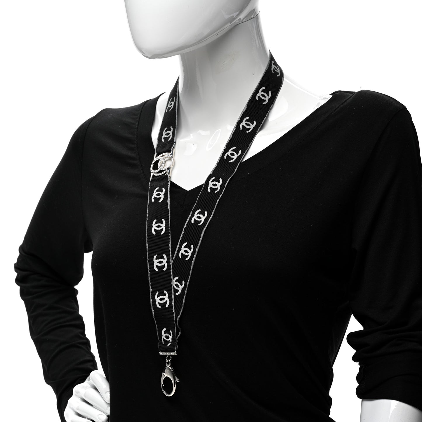 Crystal CC Lanyard Necklace Black Silver