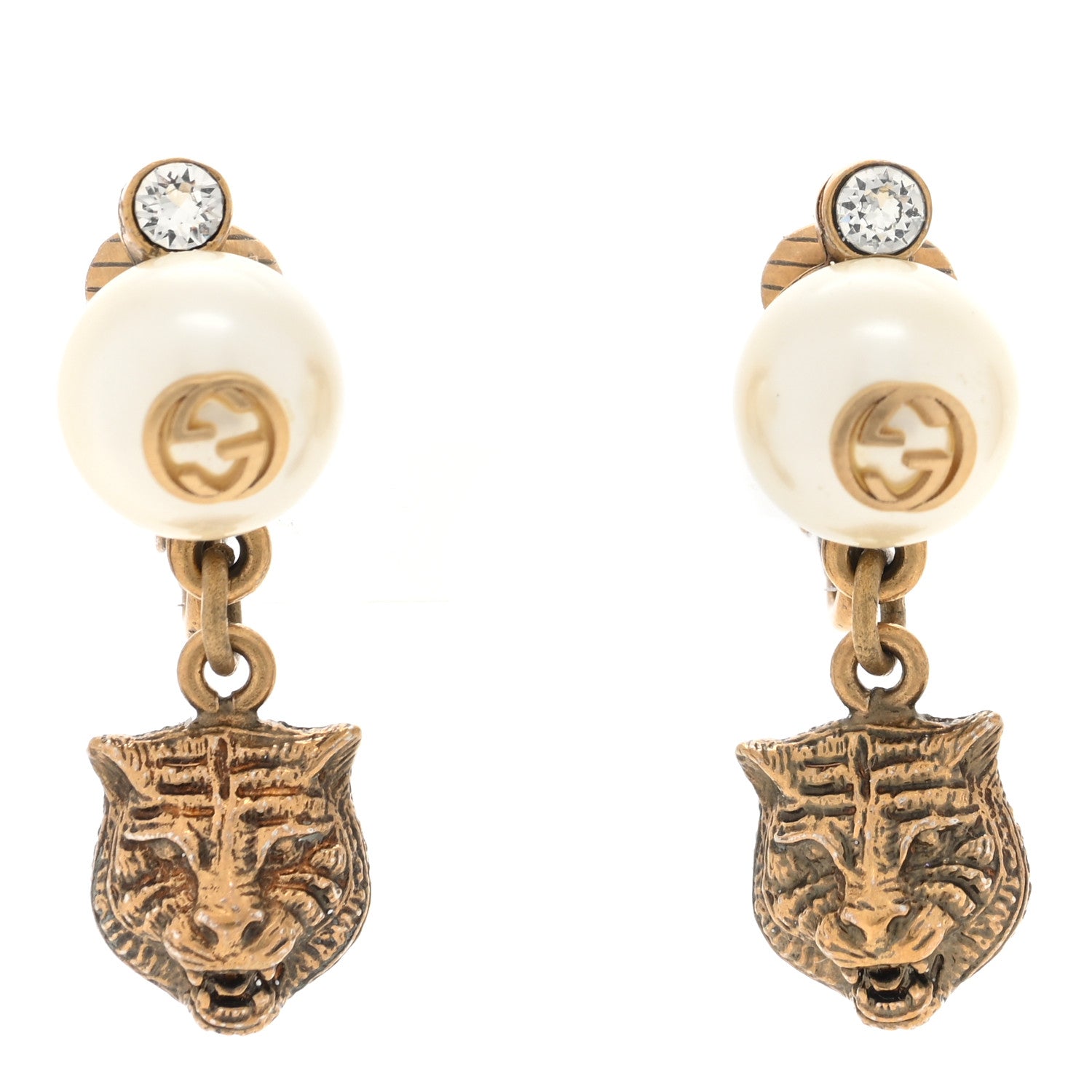 Gucci Metal Crystal Resin Pearl Feline Clip On Earrings Aged Gold 1 of 4