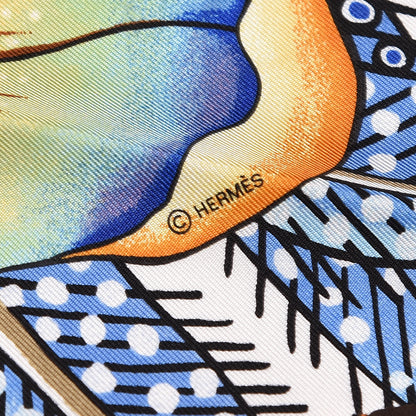 Hermes Silk Baobab Cat Pocket Square Scarf White Bleu Jaune 4 of 4