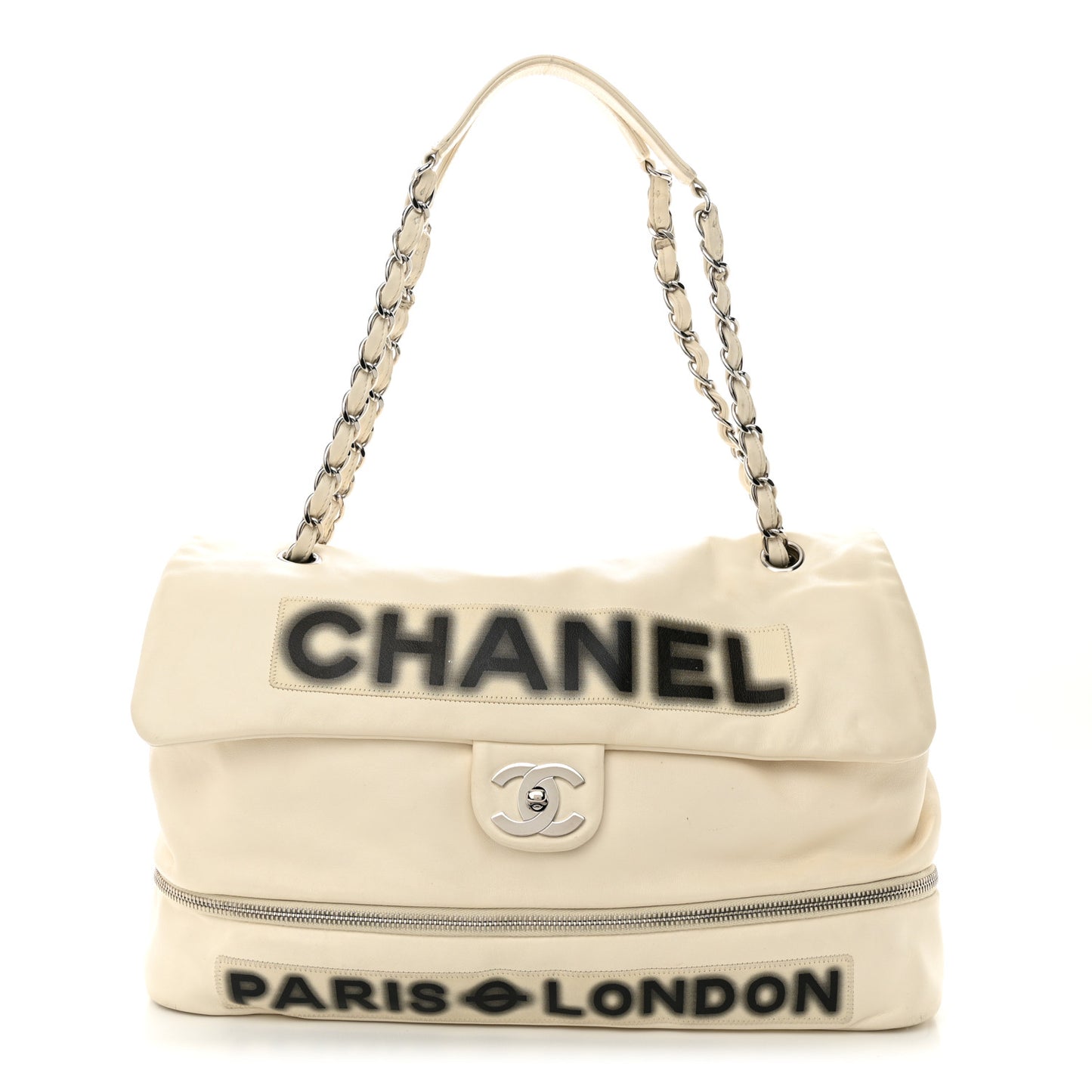Calfskin Large Expandable Paris London Flap Bag White
