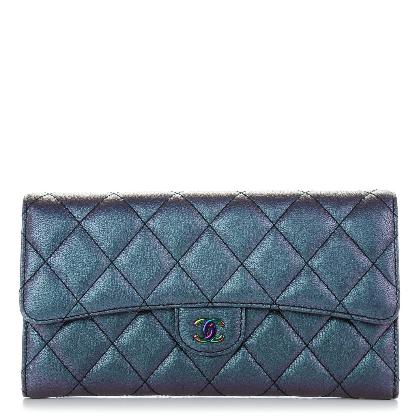 Iridescent Goatskin Quilted Large Flap Wallet Purple