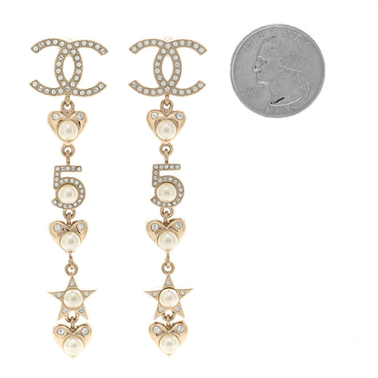 Chanel Crystal Pearl Charming Winter CC Star Heart Drop Earrings Gold 2 of 5