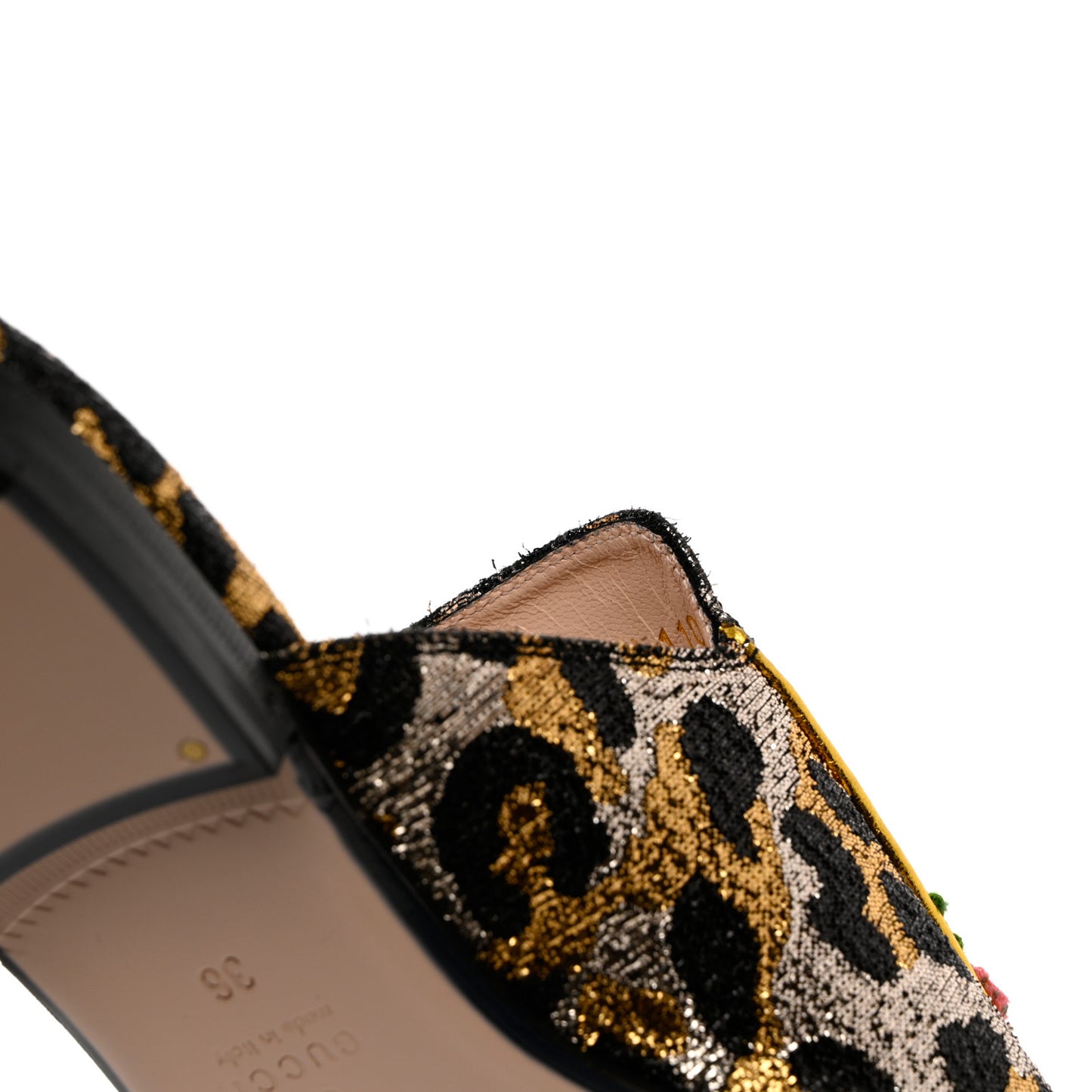 Lurex Jacquard Leopard Embroidered Womens Princetown Slippers 36 Black Gold