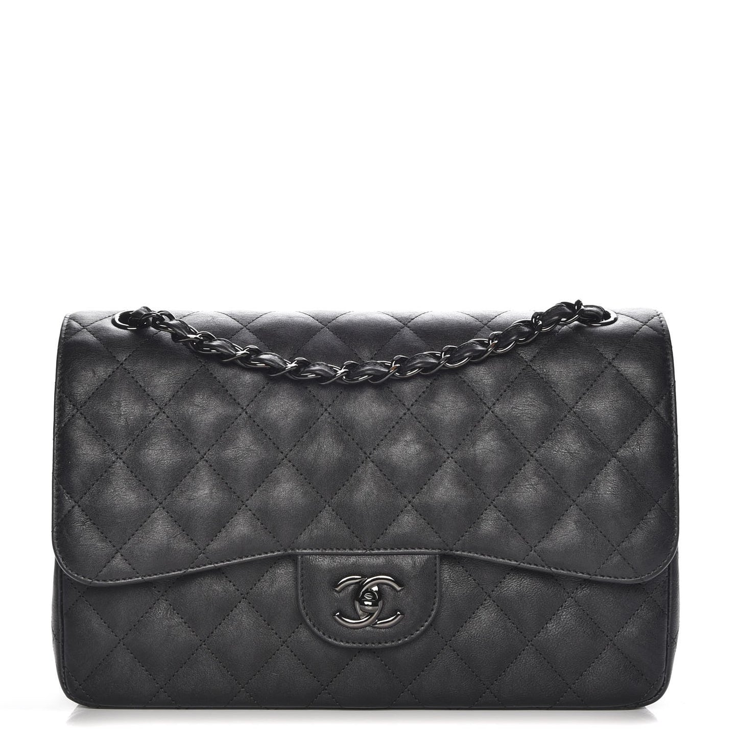 Crumpled Calfskin Quilted Jumbo Double Flap So Black