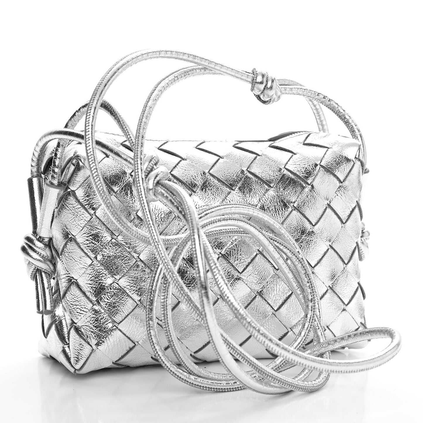 Metallic Calfskin Intrecciato Mini Loop Camera Bag Silver