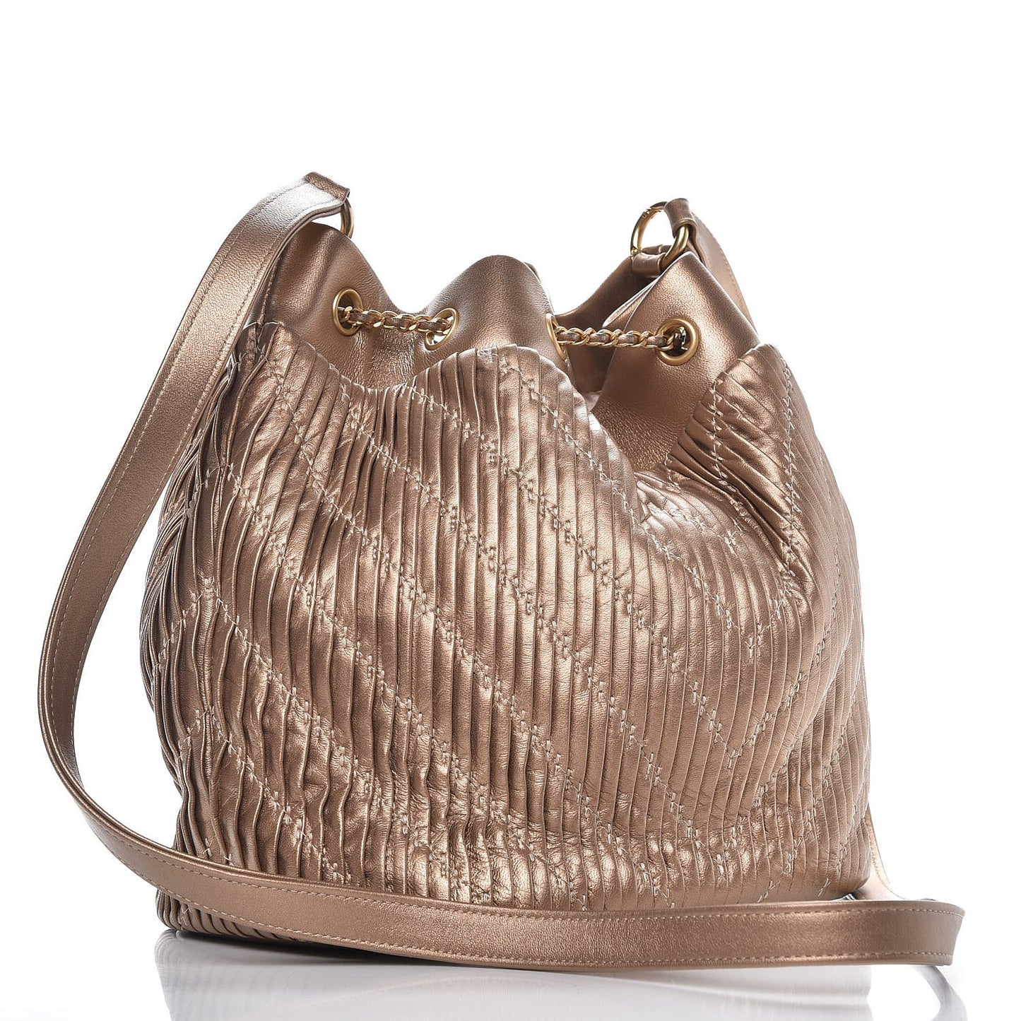 Metallic Lambskin Coco Pleats Drawstring Bag Gold