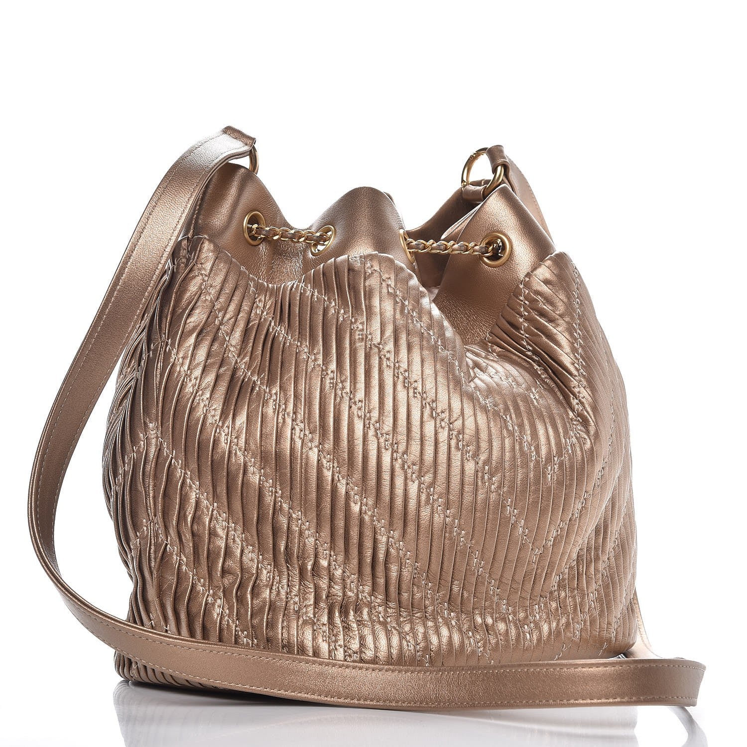 Chanel Metallic Lambskin Coco Pleats Drawstring Bag Gold 3 of 7
