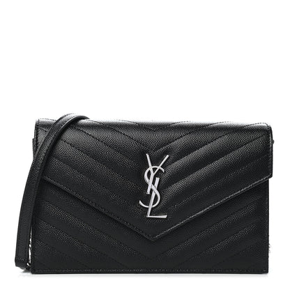Saint Laurent Grain De Poudre Matelasse Chevron Monogram Envelope Chain Wallet Black 1 of 8