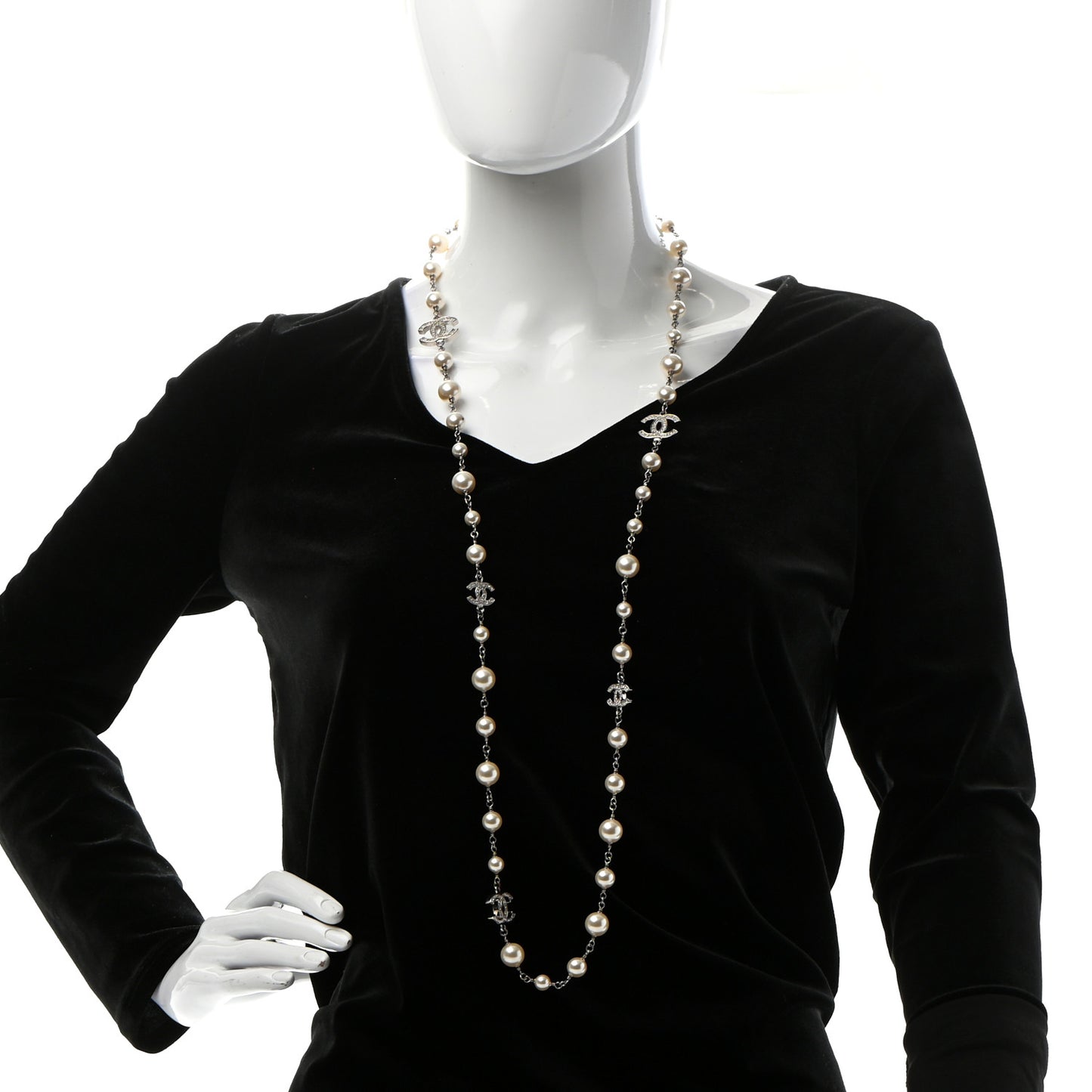 Crystal Pearl CC Long Necklace Silver