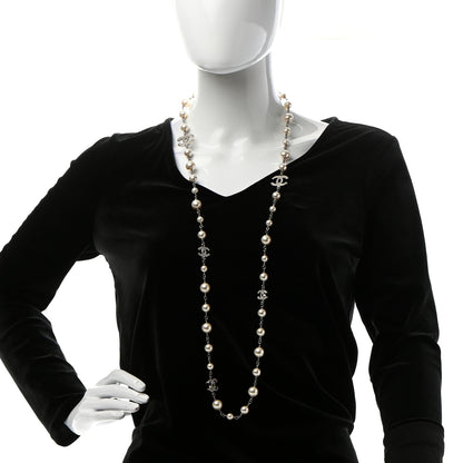 Chanel Crystal Pearl CC Long Necklace Silver 2 of 5