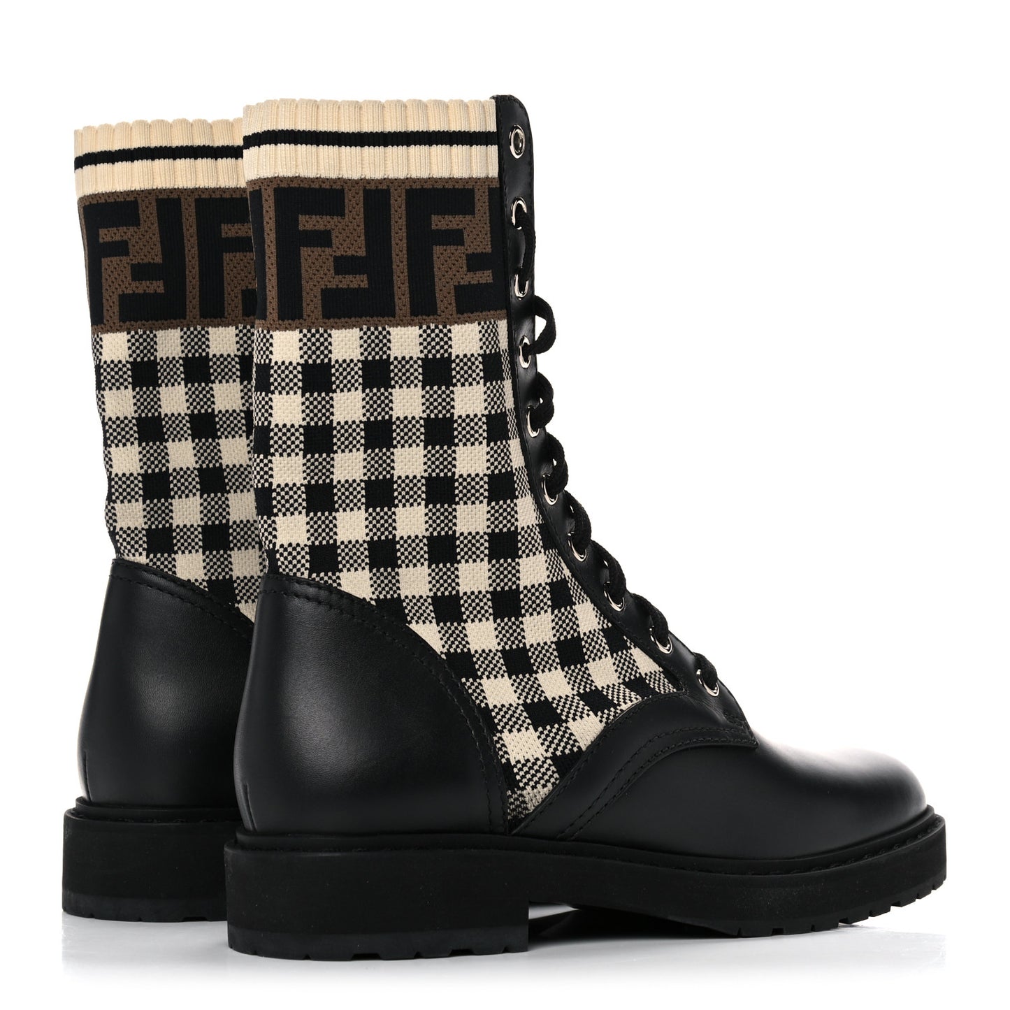Vitello Stretch Fabric FF Vichy Rockoko Biker Boots 36 Black Crema Tobacco