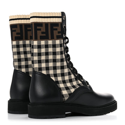 Fendi Vitello Stretch Fabric FF Vichy Rockoko Biker Boots 36 Black Crema Tobacco 4 of 7