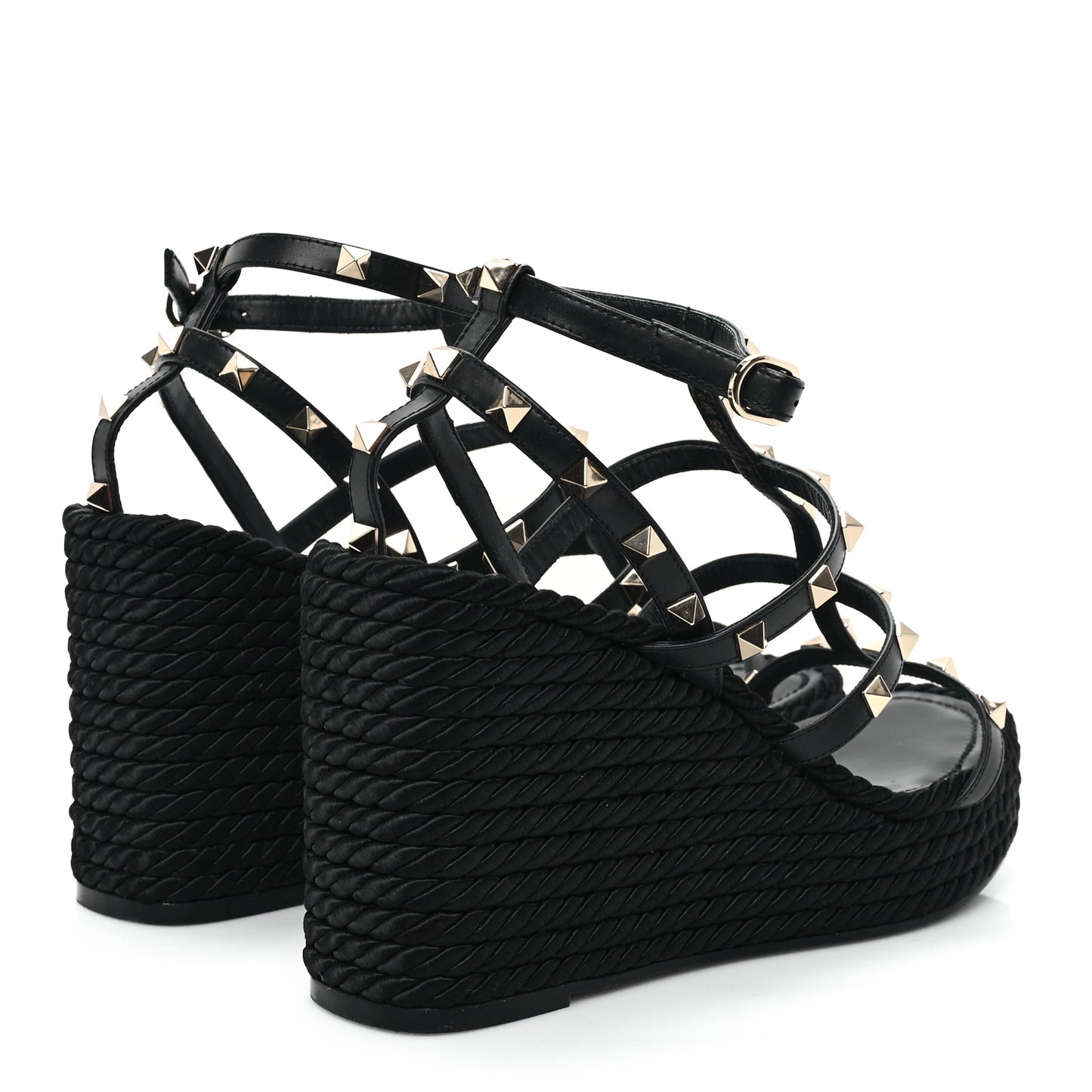 Calfskin Rockstud Ankle Strap Torchon Espadrille Caged 25/95mm Wedge Sandals 40 Black