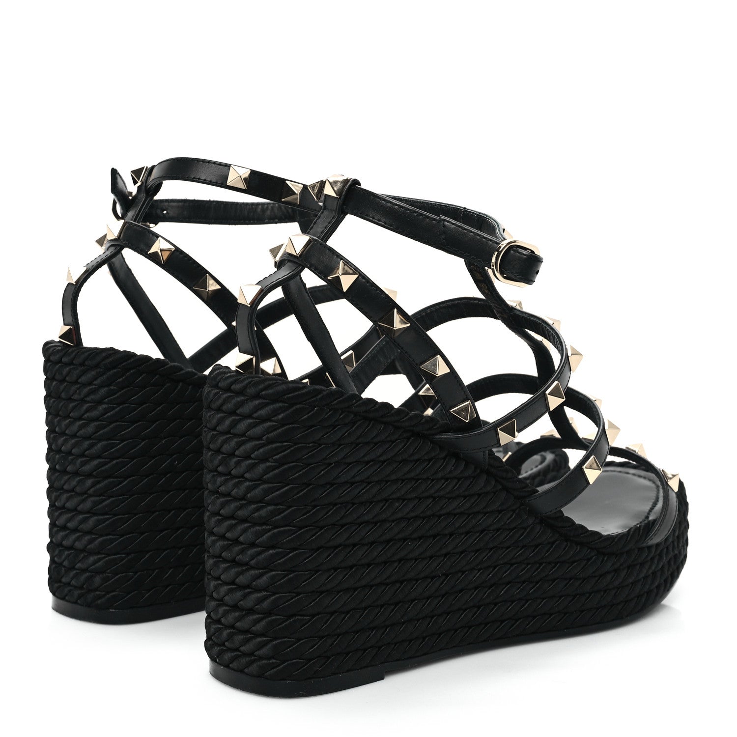 Valentino Garavani Calfskin Rockstud Ankle Strap Torchon Espadrille Caged 25/95mm Wedge Sandals 40 Black 5 of 9