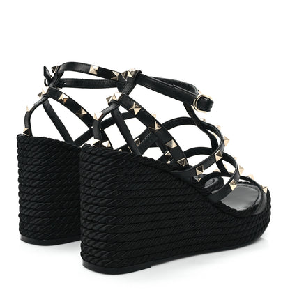 Valentino Garavani Calfskin Rockstud Ankle Strap Torchon Espadrille Caged 25/95mm Wedge Sandals 40 Black 5 of 9