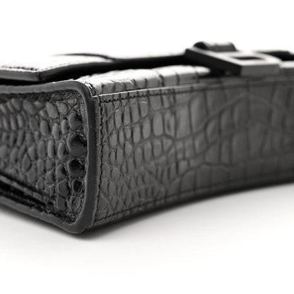 Balenciaga Shiny Calfskin Monochrome Crocodile Embossed Small Hourglass Evening Chain Bag Black 9 of 12