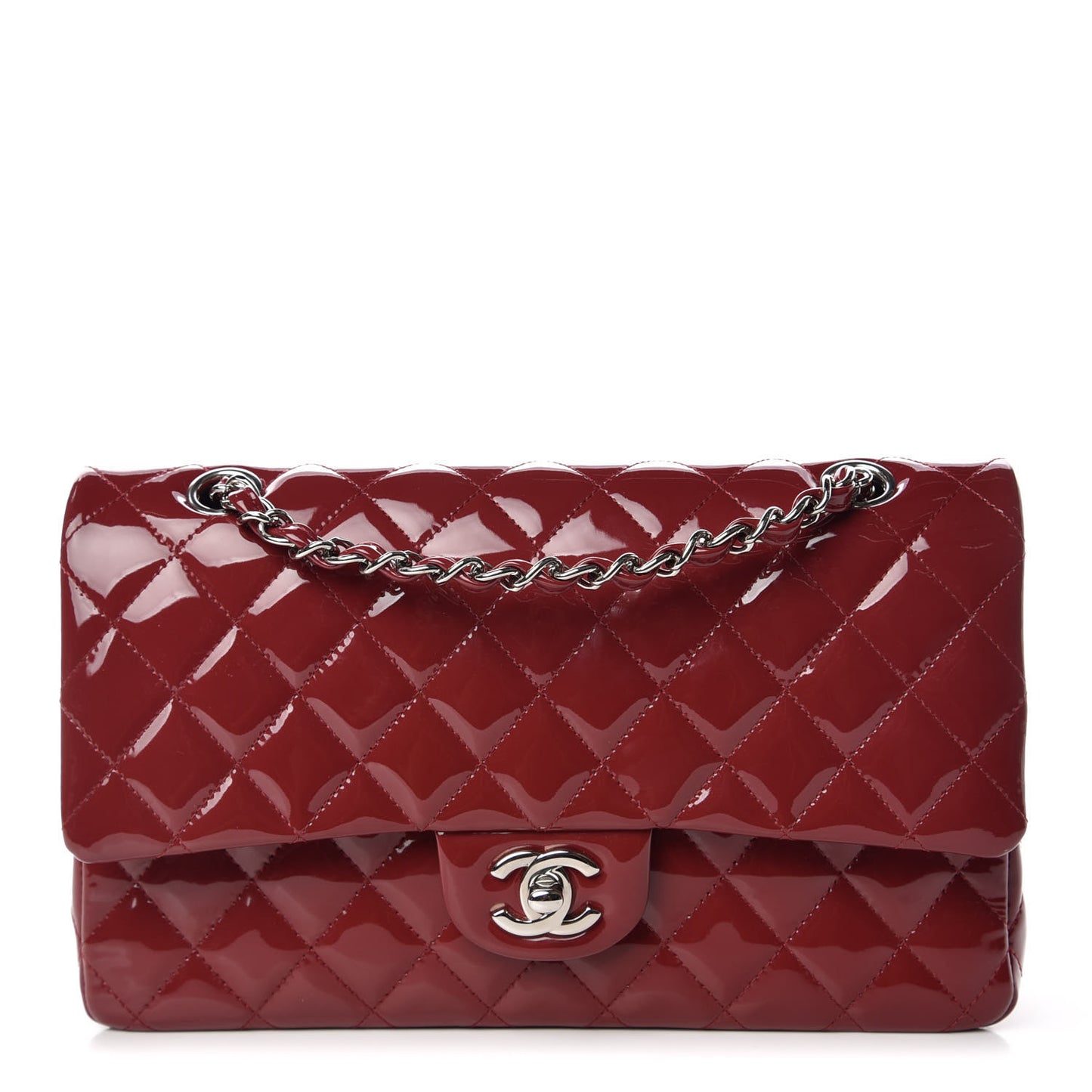 Patent Calfskin Quilted Medium Double Flap Burgundy