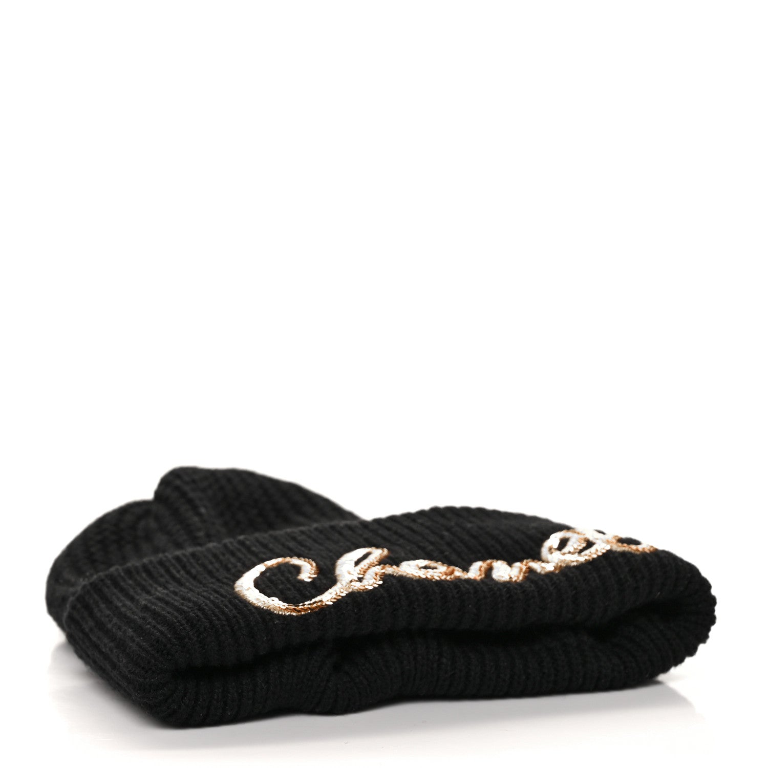 Chanel Cashmere Sequin Logo Beanie Hat Black Gold 4 of 7