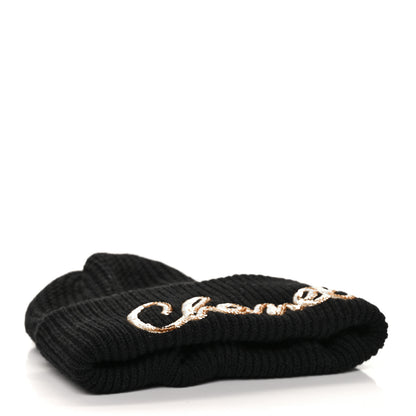 Chanel Cashmere Sequin Logo Beanie Hat Black Gold 4 of 7